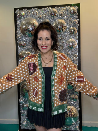 QOS Light Brown Polka Dot Fall Football Button Up Cardigan - Boutique Bella BellaCardigan