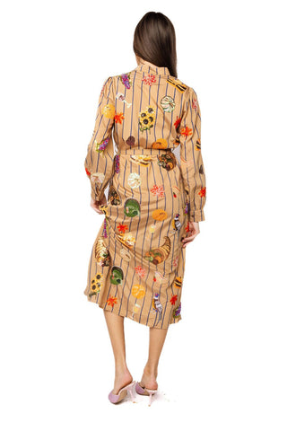 QOS Light Brown Striped Thanksgiving Icon Cotton Midi Tie Dress - Boutique Bella BellaQueen of Sparkles