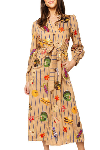 QOS Light Brown Striped Thanksgiving Icon Cotton Midi Tie Dress - Boutique Bella BellaQueen of Sparkles