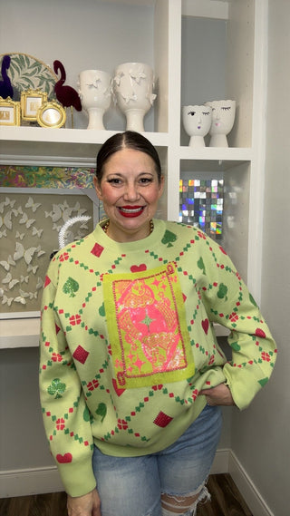 QOS Light Green Multi QOS Card Logo & Suit Sweater - Boutique Bella BellaSweater