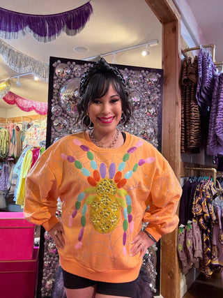 QOS Light Orange Multi Oversized Spider On Web Sweatshirt - Boutique Bella BellaQueen of Sparkles