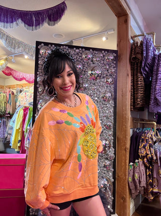QOS Light Orange Multi Oversized Spider On Web Sweatshirt - Boutique Bella BellaQueen of Sparkles