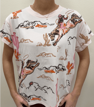 QOS Light Pink Bucking Cowgirl Tee - Boutique Bella BellaQueen of Sparkles