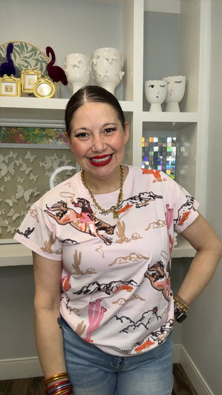 QOS Light Pink Bucking Cowgirl Tee - Boutique Bella BellaQueen of Sparkles