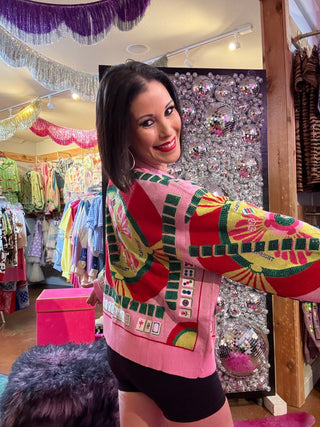 QOS Light Pink Multi Mahjong Button Up Cardigan - Boutique Bella BellaQueen of Sparkles