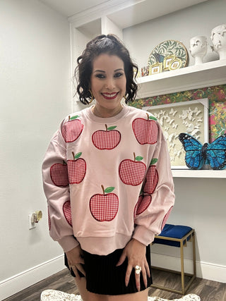 QOS Light Pink & Red Gingham Apple Sweatshirt - Boutique Bella BellaQueen of Sparkles