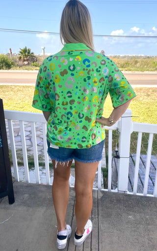 QOS - Lime Green Leopard PJ Short Sleeve Top - Boutique Bella BellaQueen of Sparkles