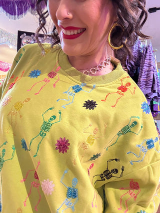 QOS Lime Green Multi Skeleton Sweatshirt - Boutique Bella BellaQueen of Sparkles