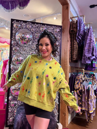 QOS Lime Green Multi Skeleton Sweatshirt - Boutique Bella BellaQueen of Sparkles