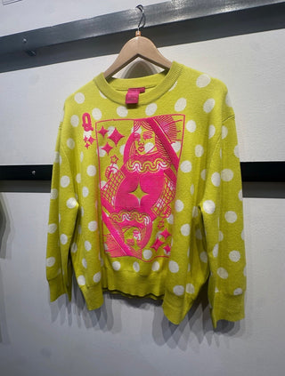 QOS Lime Green & Pink Polka Dot QOS Card Logo Sweater - Boutique Bella BellaSweater