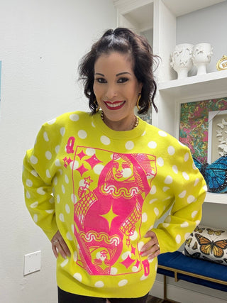 QOS Lime Green & Pink Polka Dot QOS Card Logo Sweater - Boutique Bella BellaSweater