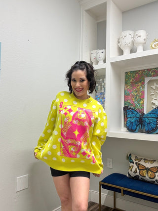QOS Lime Green & Pink Polka Dot QOS Card Logo Sweater - Boutique Bella BellaSweater