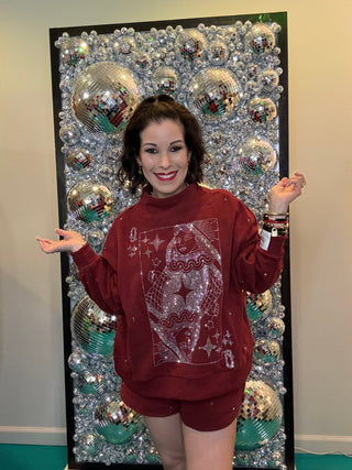 QOS Maroon & Grey Scattered Jewel QOS Card Logo Mock Neck Sweatshirt - Boutique Bella BellaSweatshirt