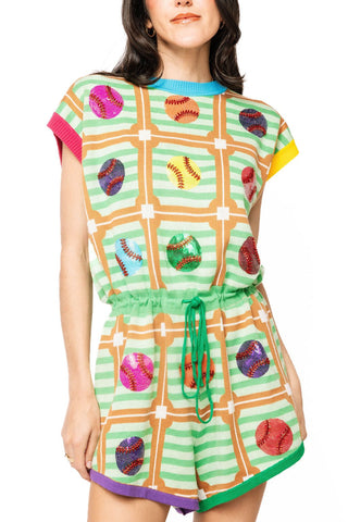 QOS Mint Baseball Field Diamond Multi Baseball Midi Tie Romper - Boutique Bella BellaQueen of Sparkles