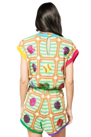 QOS Mint Baseball Field Diamond Multi Baseball Midi Tie Romper - Boutique Bella BellaQueen of Sparkles