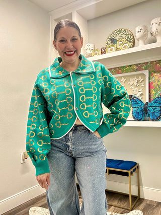 QOS Mint & Gold Horse Bit Button Up Knit Collar Sweater - Boutique Bella BellaQueen of Sparkles