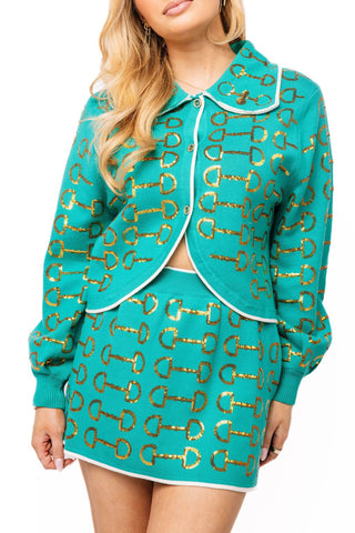 QOS Mint & Gold Horse Bit Button Up Knit Collar Sweater - Boutique Bella BellaQueen of Sparkles