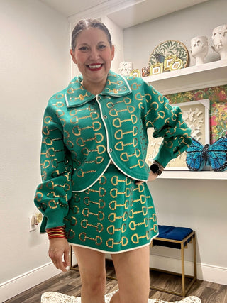 QOS Mint & Gold Horse Knit Skirt - Boutique Bella BellaQueen of Sparkles
