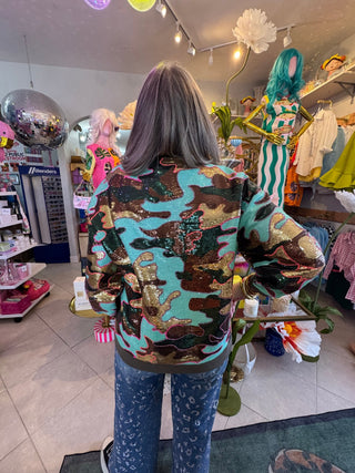 QOS Mint Sequin Camo Queen Card Sweatshirt - Boutique Bella BellaQueen of Sparkles
