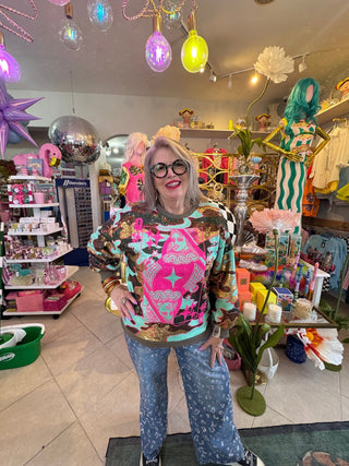 QOS Mint Sequin Camo Queen Card Sweatshirt - Boutique Bella BellaQueen of Sparkles