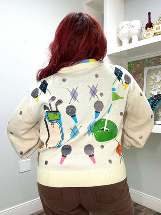 QOS Multi Argyle Golf Icon Rainbow Trim Button Up Cardigan - Boutique Bella BellaQueen of Sparkles