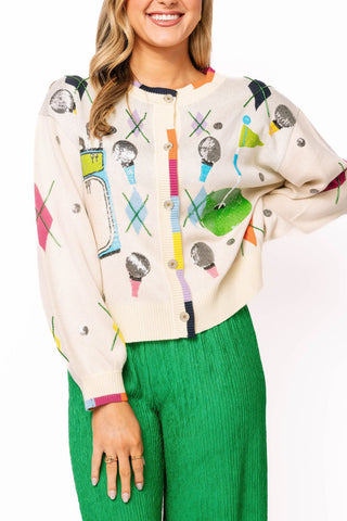 QOS Multi Argyle Golf Icon Rainbow Trim Button Up Cardigan - Boutique Bella BellaQueen of Sparkles