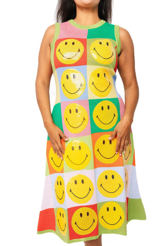 QOS Multi Checkered Smiley Knit Midi Dress - Boutique Bella BellaQueen of Sparkles