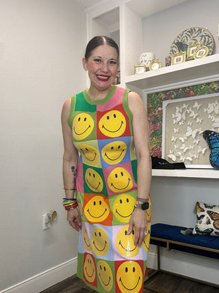 QOS Multi Checkered Smiley Knit Midi Dress - Boutique Bella BellaQueen of Sparkles