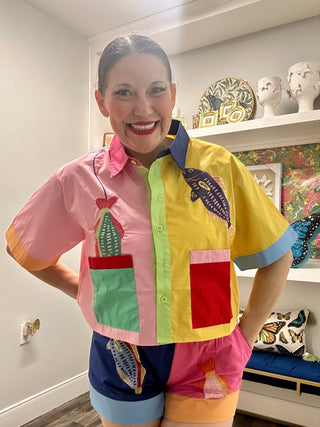 QOS Multi Colorblock Fish on Hook Pocket Cotton Top - Boutique Bella BellaQueen of Sparkles