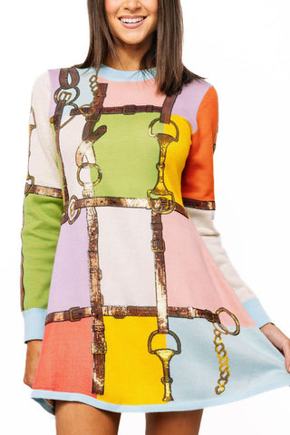 QOS Multi Colorblock Knit Horse Bit Long Sleeve Dress - Boutique Bella BellaQueen of Sparkles