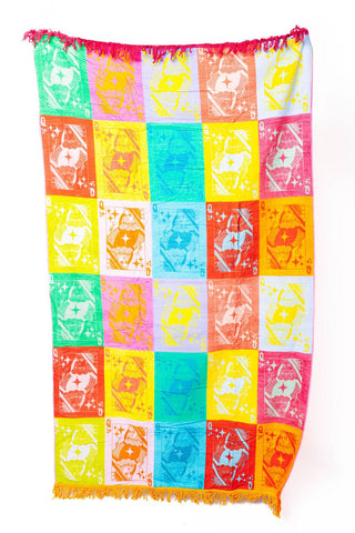 QOS Multi Colorblock QOS Card Logo Fringe Beach Towel - Boutique Bella BellaQueen of Sparkles