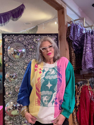 QOS Multi Colorblock Stripe QOS Card Logo Sweatshirt - Boutique Bella BellaQueen of Sparkles