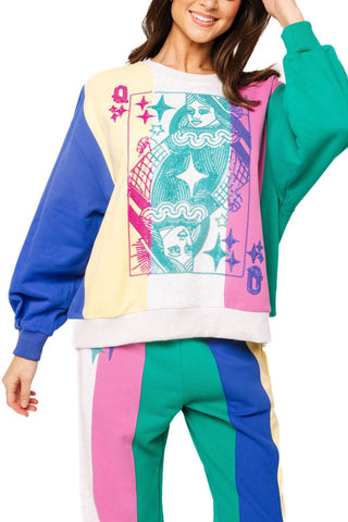 QOS Multi Colorblock Stripe QOS Card Logo Sweatshirt - Boutique Bella BellaQueen of Sparkles