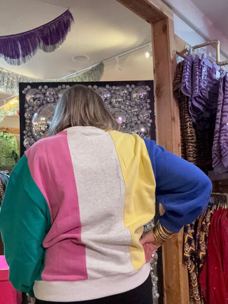 QOS Multi Colorblock Stripe QOS Card Logo Sweatshirt - Boutique Bella BellaQueen of Sparkles