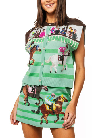 QOS Multi Derby Race Scene Knit Button Up Vest - Boutique Bella BellaQueen of Sparkles