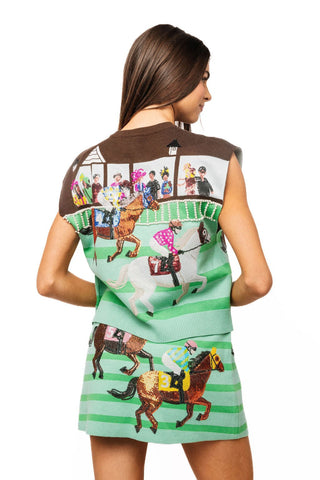 QOS Multi Derby Race Scene Knit Button Up Vest - Boutique Bella BellaQueen of Sparkles