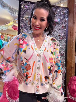 QOS Multi Drumming Nutcracker Button Up Feather Sleeve Cardigan - Boutique Bella BellaQueen of Sparkles