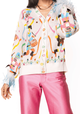 QOS Multi Drumming Nutcracker Button Up Feather Sleeve Cardigan - Boutique Bella BellaQueen of Sparkles