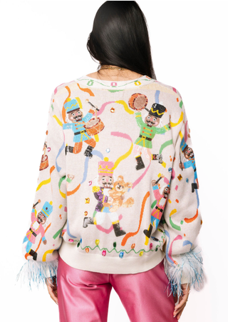 QOS Multi Drumming Nutcracker Button Up Feather Sleeve Cardigan - Boutique Bella BellaQueen of Sparkles