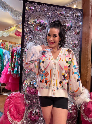 QOS Multi Drumming Nutcracker Button Up Feather Sleeve Cardigan - Boutique Bella BellaQueen of Sparkles