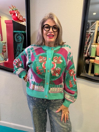 QOS Multi Mahjong Button Up Cardigan - Boutique Bella BellaQueen of Sparkles