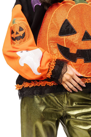 QOS Multi Ruffle Lace Trim Pumpkin & Bat Sweatshirt - Boutique Bella BellaQueen of Sparkles