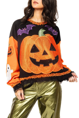 QOS Multi Ruffle Lace Trim Pumpkin & Bat Sweatshirt - Boutique Bella BellaQueen of Sparkles