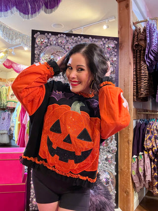 QOS Multi Ruffle Lace Trim Pumpkin & Bat Sweatshirt - Boutique Bella BellaQueen of Sparkles