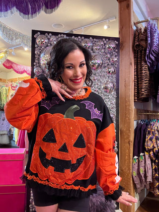 QOS Multi Ruffle Lace Trim Pumpkin & Bat Sweatshirt - Boutique Bella BellaQueen of Sparkles
