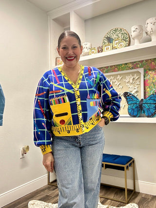 QOS Multi School Supplies Ruler Trim Button Up Cardigan - Boutique Bella BellaQueen of Sparkles