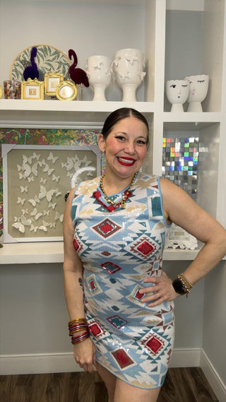 QOS Multi Sequin Aztec Print Knit Tank Dress - Boutique Bella BellaQueen of Sparkles