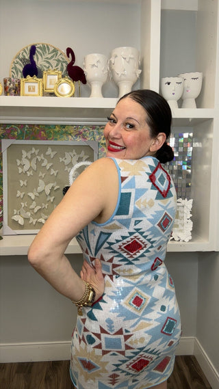 QOS Multi Sequin Aztec Print Knit Tank Dress - Boutique Bella BellaQueen of Sparkles