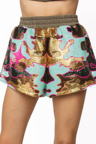 QOS Multi Sequin Camo Short - Boutique Bella BellaQueen of Sparkles