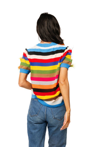 QOS Multi Stripe Feather Short Sleeve Sweater - Boutique Bella BellaQueen of Sparkles